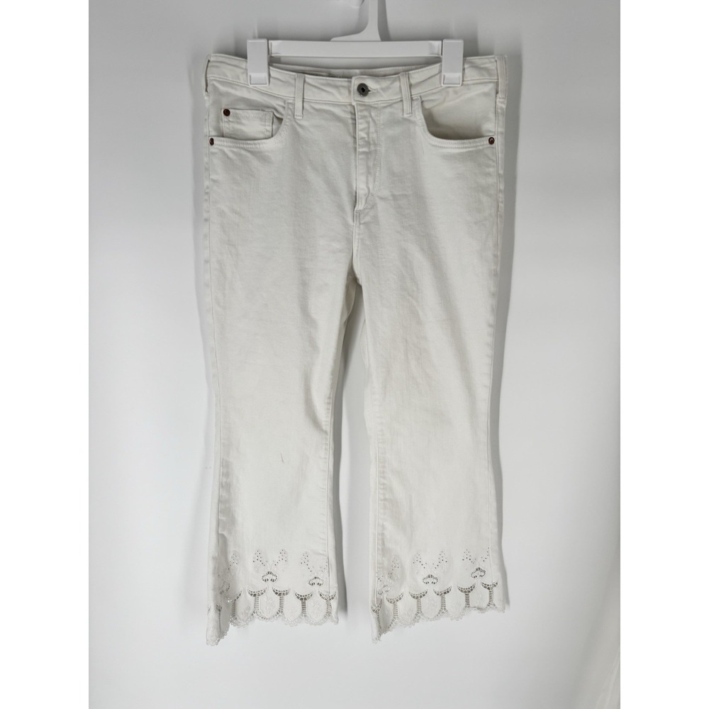 Anthropologie Pilcro Eyelet Lace Embroidered Hem High Rise Crop Flare Jeans Sz31 - Picture 5 of 11